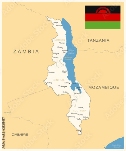 Malawi - detailed map with administrative divisions and country flag.