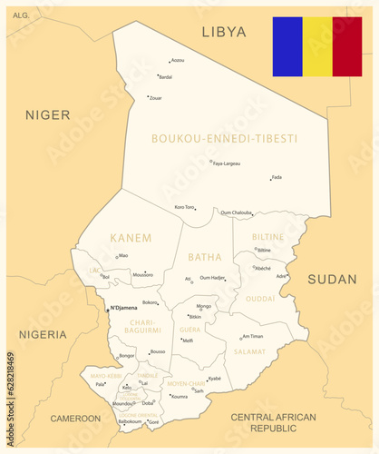 Chad - detailed map with administrative divisions and country flag.