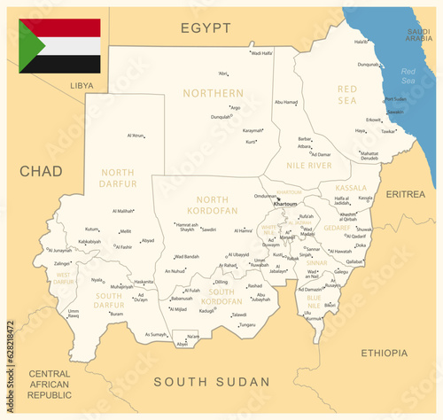 Sudan - detailed map with administrative divisions and country flag.