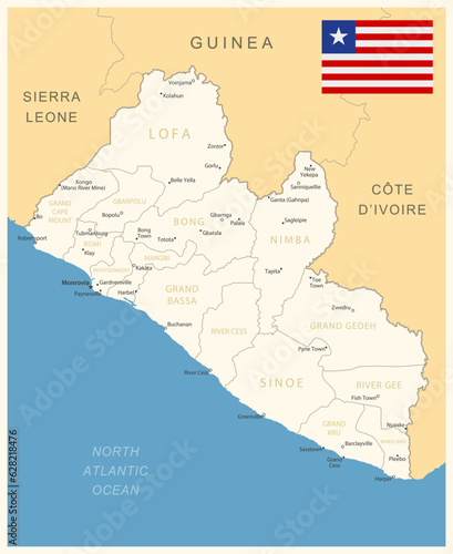 Liberia - detailed map with administrative divisions and country flag.