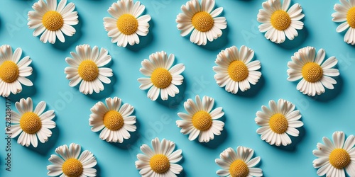 A group of white and yellow daisies on a blue background