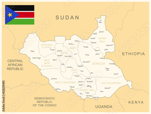 South Sudan - detailed map with administrative divisions and country flag.