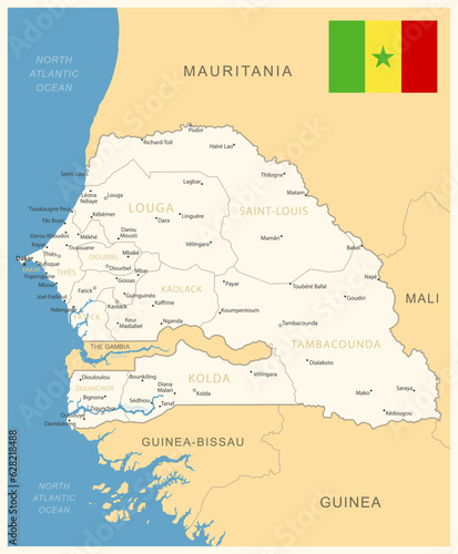 Senegal - detailed map with administrative divisions and country flag.