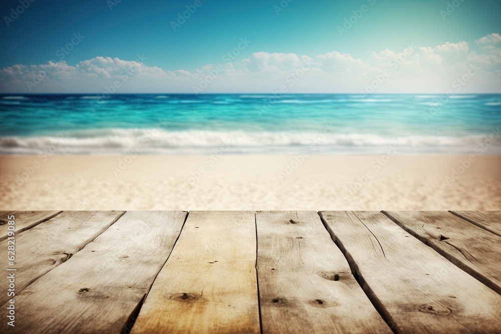 Fototapeta premium A wooden table with a view of the ocean