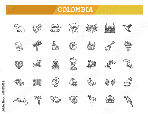 Set of colombia icons. Line art style icons