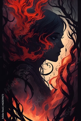 spirit of darkness, 2D illustration vector style, fire colors, movie poster, ink splashes, artistic, cinematic, surrealism, dreamy, sadness, loneliness, dark © Jonathan