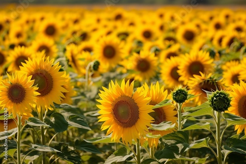 Illustration of a vibrant field of sunflowers with lush green foliage created using generative AI