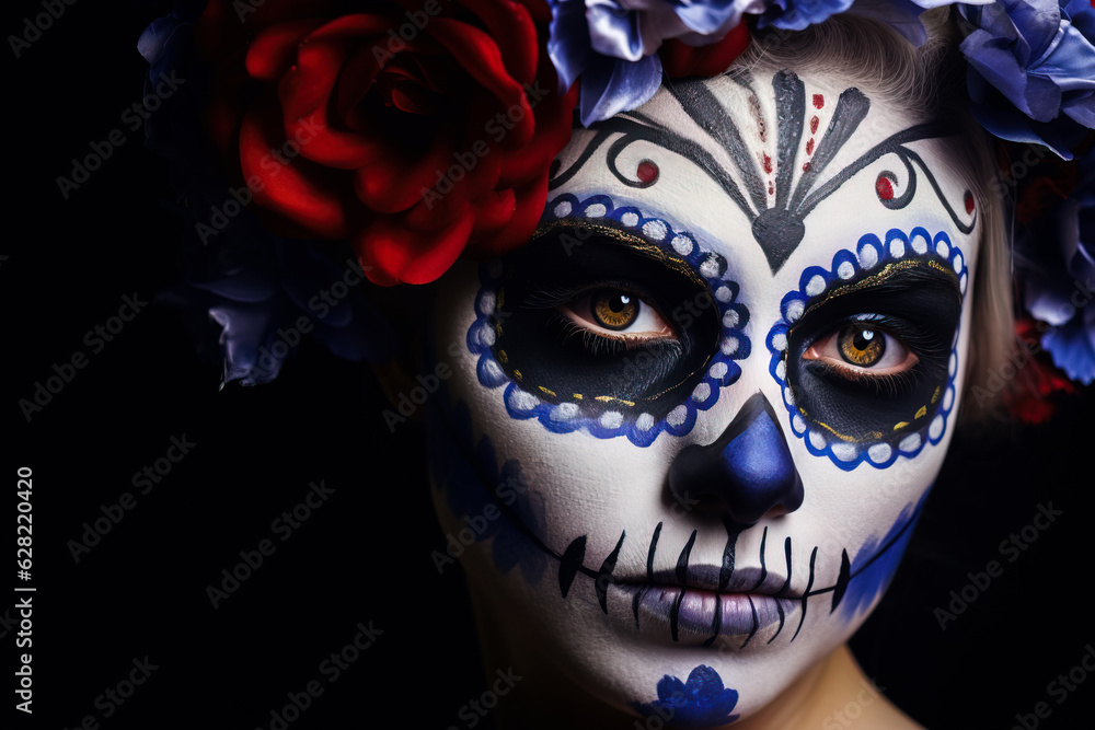 Generative AI illustration of young sensual female with a flower crown in skeleton Halloween makeup looking at camera while on black background Generative AI illustration of young sensual female with a flower crown in skeleton Halloween makeup looking at camera while on black background