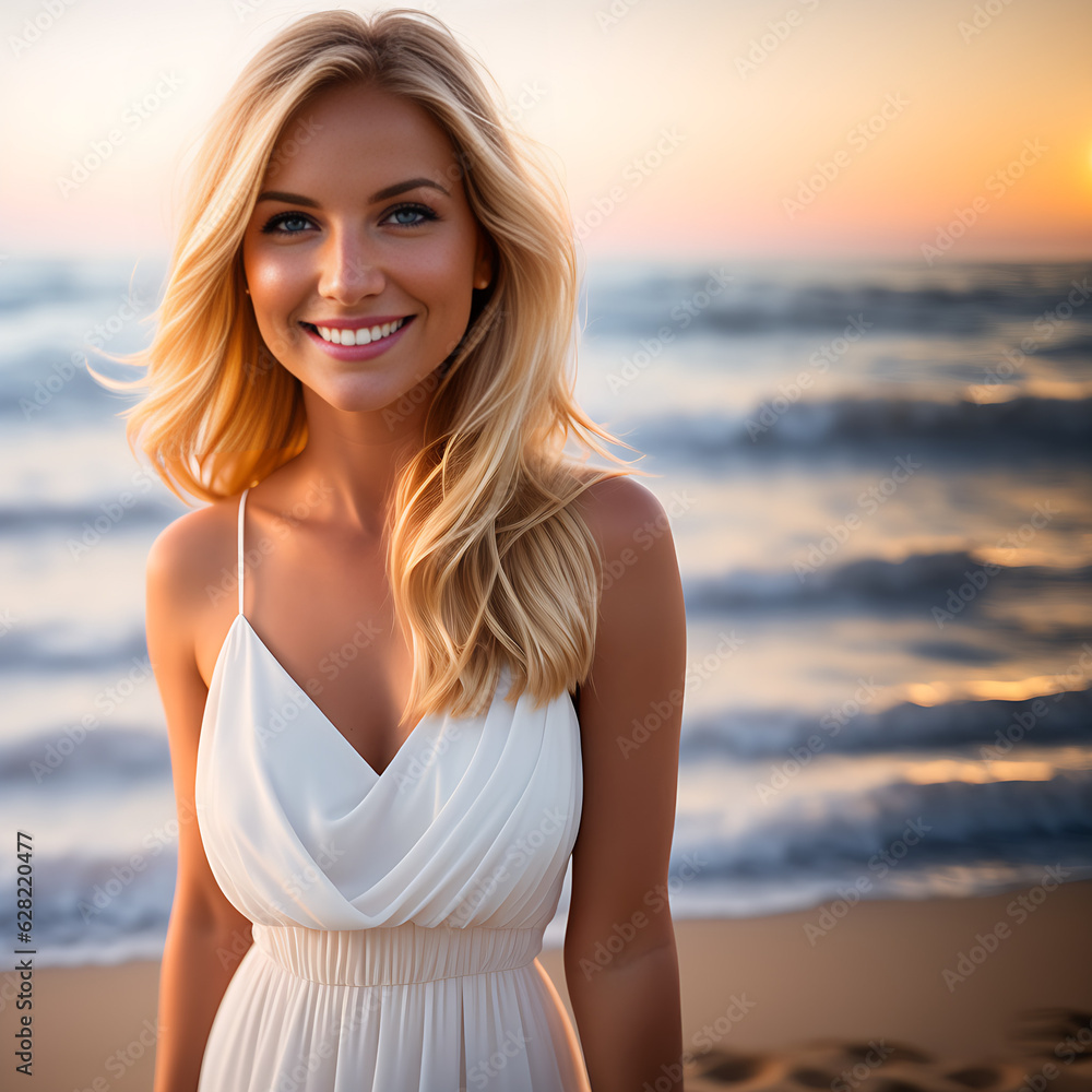 Cute blonde girl in summer dress smiling at sunset on the beach, people concept, generative ai Cute blonde girl in summer dress smiling at sunset on the beach, people concept, generative ai