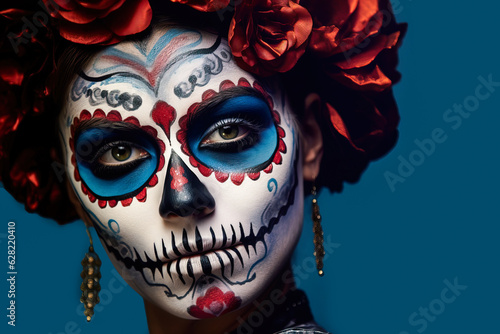 Generative AI illustration of young sensual female with a flower crown in skeleton Halloween makeup looking at camera while on blue background photo