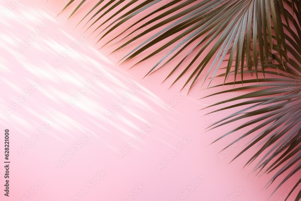 Pink background with palm leaves and soft shadow. Empty wall with copy space minimal summer backdrop