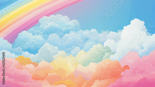 pastel colored background with rainbow and clouds. watercolor illustration. Generative AI