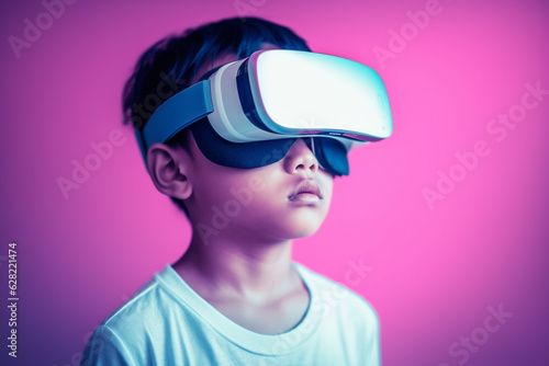 Child wearing VR googles or glasses. Future technology concept. Generative Ai © marcin jucha