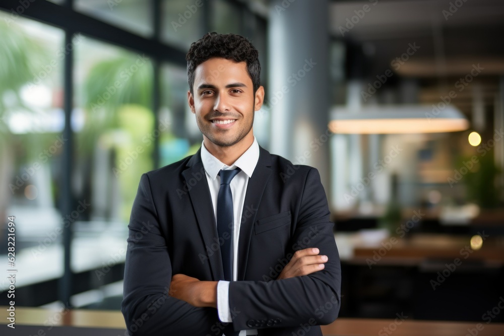 Portrait of a fictional businessman in suit smiling in an office. Generative AI. Portrait of a fictional businessman in suit smiling in an office. Generative AI.