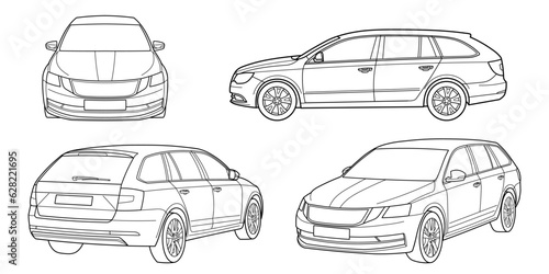 Set of classic station wagon. Different five view shot - front, rear, side and 3d. Outline doodle vector illustration	

