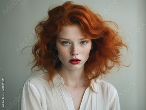 Portrait of a beautiful fictional redhead woman. Generative AI.
