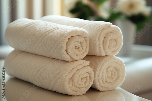 Rolled and prepared towels for guest use.