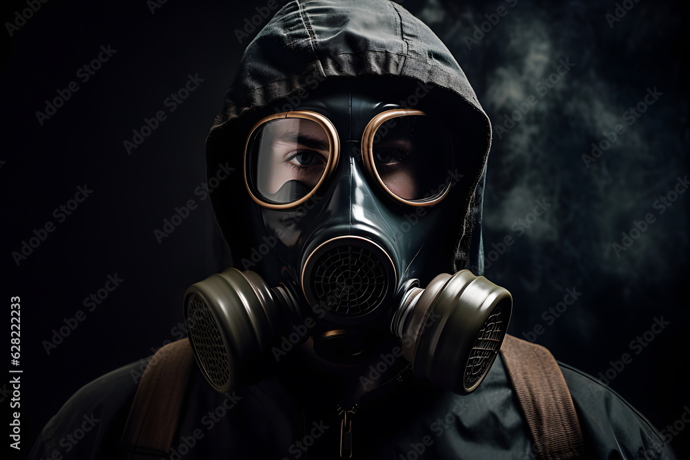 Studio shot of man wearing gas mask on black background. Generative AI. Studio shot of man wearing gas mask on black background. Generative AI.