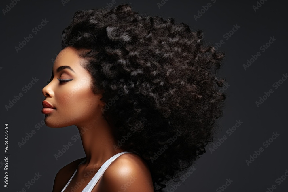 Portrait of a fictional black model with beautiful afro curly haircut isolated on a plain background. Hairstyle illustration for hairsalon. Hair salon woman portrait. Generative AI. Portrait of a fictional black model with beautiful afro curly haircut isolated on a plain background. Hairstyle illustration for hairsalon. Hair salon woman portrait. Generative AI.