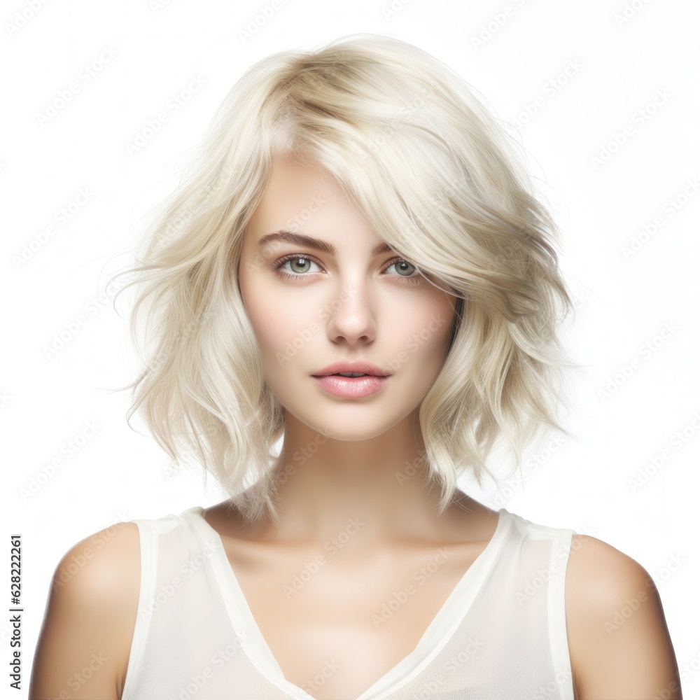 Portrait of a fictional model with beautiful haircut isolated on a plain background. Hairstyle illustration for hairsalon. Hair salon woman portrait. Generative AI. Portrait of a fictional model with beautiful haircut isolated on a plain background. Hairstyle illustration for hairsalon. Hair salon woman portrait. Generative AI.