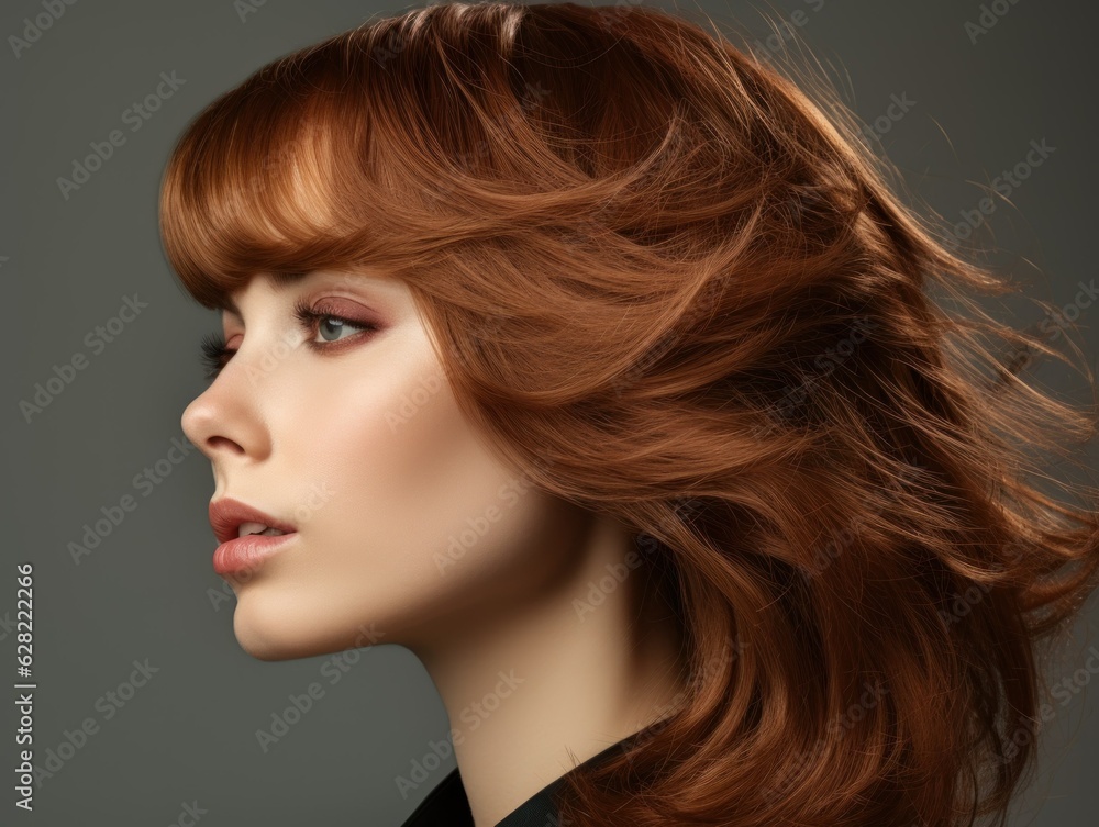 Portrait of a fictional model with beautiful haircut isolated on a plain background. Hairstyle illustration for hairsalon. Hair salon woman portrait. Generative AI. Portrait of a fictional model with beautiful haircut isolated on a plain background. Hairstyle illustration for hairsalon. Hair salon woman portrait. Generative AI.