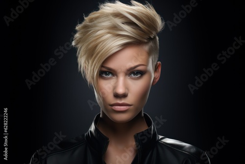 Portrait of a fictional punk model with beautiful sidecut short hair haircut isolated on a plain background. Hairstyle illustration for hairsalon. Hair salon woman portrait. Generative AI.