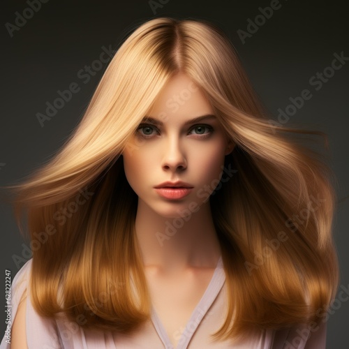 Portrait of a fictional blonde model with beautiful long blond hair haircut isolated on a plain background. Hairstyle illustration for hairsalon. Hair salon woman portrait. Generative AI.
