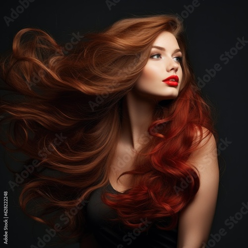 Portrait of a fictional model with beautiful long hair haircut isolated on a plain background. Hairstyle illustration for hairsalon. Hair salon woman portrait. Generative AI.