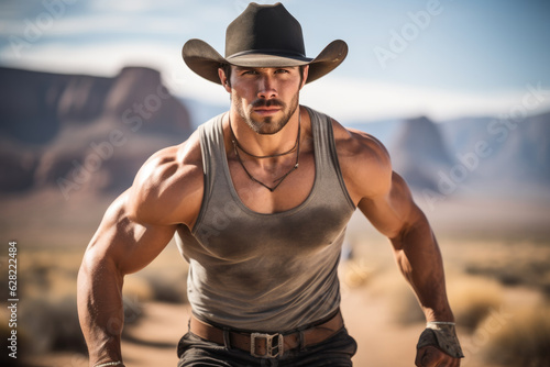 Young beefy muscled cowboy in cowboy hat, looking at the camera, defined muscles, flexing, smiling, standing on a prerie with mountains on the horizon