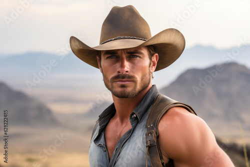 Young beefy muscled cowboy in cowboy hat, looking at the camera, defined muscles, flexing, smiling, standing on a prerie with mountains on the horizon photo
