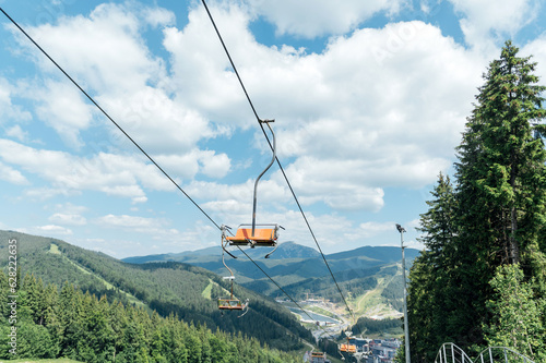 View from the lift to the Carpathian mountains. Tourists move looking at the landscapes