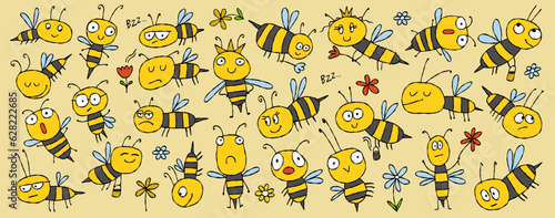 Funny Bees family. Beehive for your design. Horizontal print background