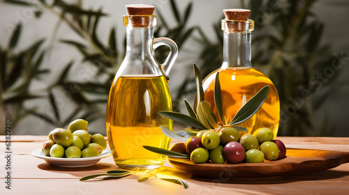Bottles and carafes with olive oil and fresh olives on wooden table. Ingredients for cooking