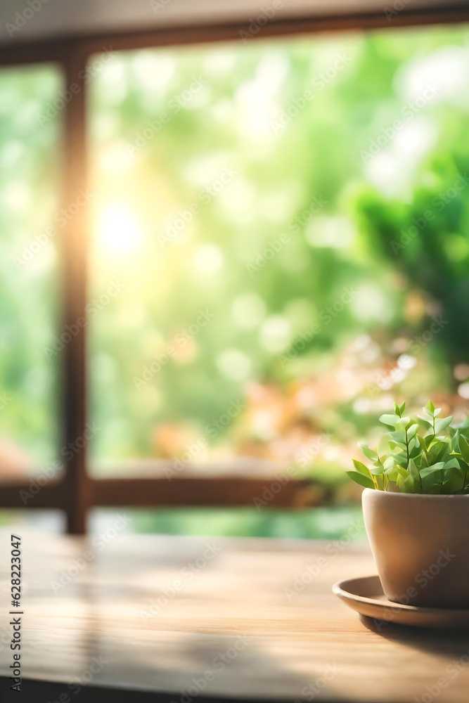 Abstract Natural Spring Blurred garden leaves view from Living Room window with wooden table counter background for show, promote, Create light soft colors design banner ads on display concept, Genera Abstract Natural Spring Blurred garden leaves view from Living Room window with wooden table counter background for show, promote, Create light soft colors design banner ads on display concept, Genera