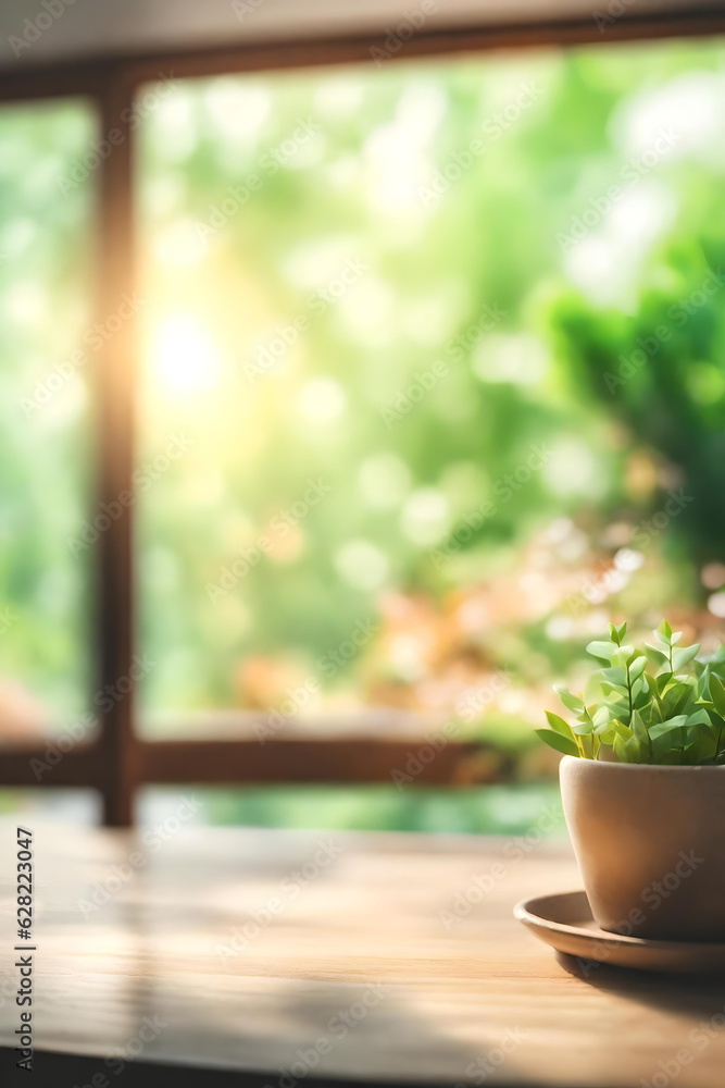 Abstract Natural Spring Blurred garden leaves view from Living Room window with wooden table counter background for show, promote, Create light soft colors design banner ads on display concept, Genera