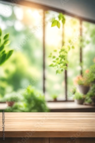 Abstract Natural Spring Blurred garden leaves view from Living Room window with wooden table counter background for show, promote, Create light soft colors design banner ads on display concept, Genera