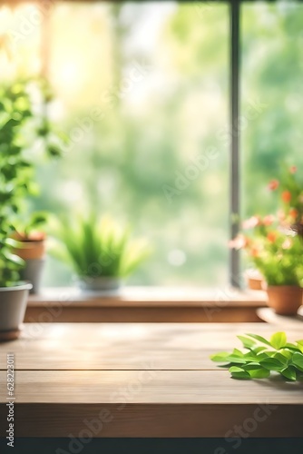 Abstract Natural Spring Blurred garden leaves view from Living Room window with wooden table counter background for show, promote, Create light soft colors design banner ads on display concept, Genera