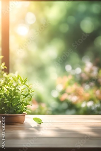 Abstract Natural Spring Blurred garden leaves view from Living Room window with wooden table counter background for show, promote, Create light soft colors design banner ads on display concept, Genera © RBGallery
