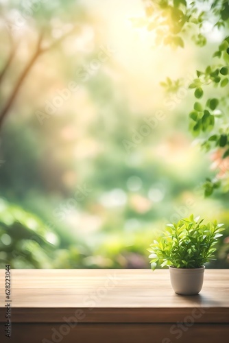 Abstract Natural Spring Blurred garden leaves view from Living Room window with wooden table counter background for show  promote  Create light soft colors design banner ads on display concept  Genera