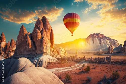 A hot air balloon flying over a rocky landscape