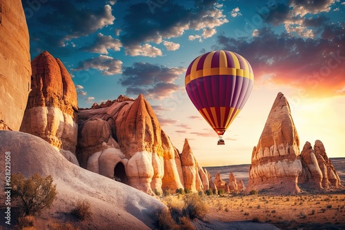 A hot air balloon flying over a rocky landscape