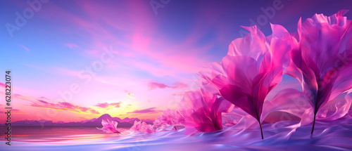 Abstract sunset seascape with waves and floral shapes. 21 to 9 aspect ratio. Generative AI