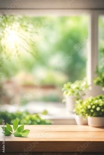 Abstract Natural Spring Blurred garden leaves view from Living Room window with wooden table counter background for show  promote  Create light soft colors design banner ads on display concept  Genera