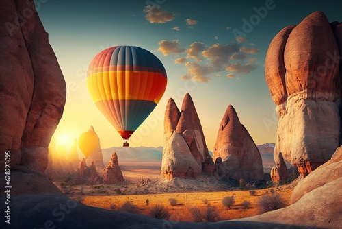 A hot air balloon flying over a desert landscape