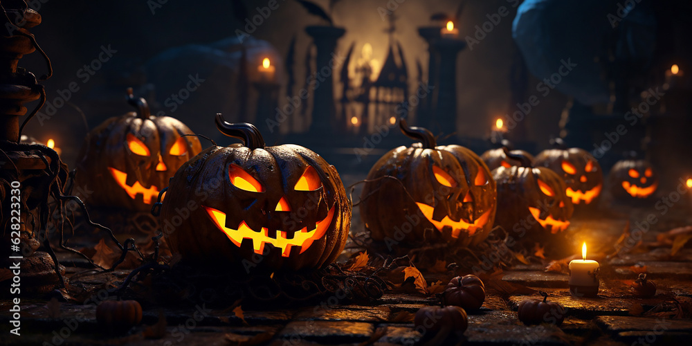 dark scene with illuminated halloween pumpkins laying in front of a graveyard entrance All Hallows' Eve decoration dark scene with illuminated halloween pumpkins laying in front of a graveyard entrance All Hallows' Eve decoration