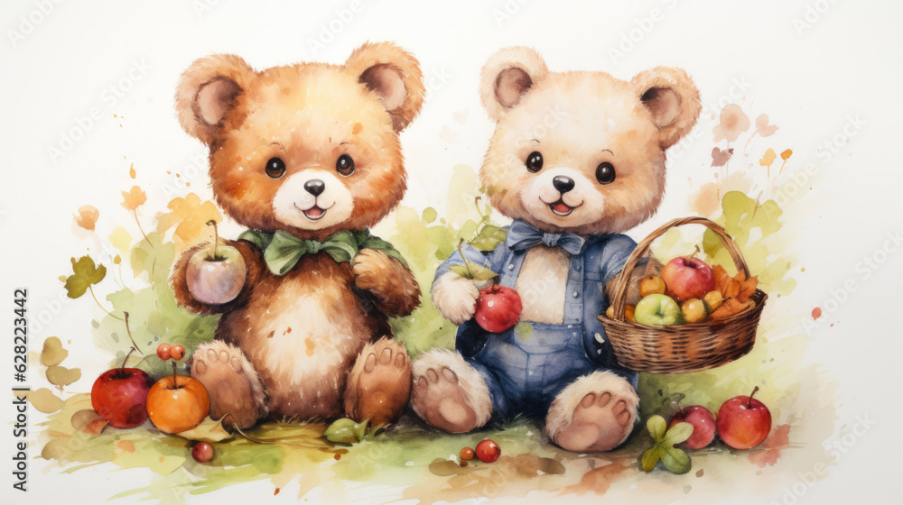 creative watercolor illustration of two cute cartoon bears with delicious healthy berries in their baskets. Generative AI