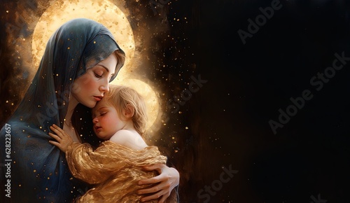 Mary and baby Jesus, golden lights and sparkles on black background. Card for Christmas Eve, luxury xmas greetings for universal love, prayers. 