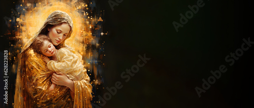 Leinwand Poster Mary and baby Jesus, golden lights and sparkles on black background