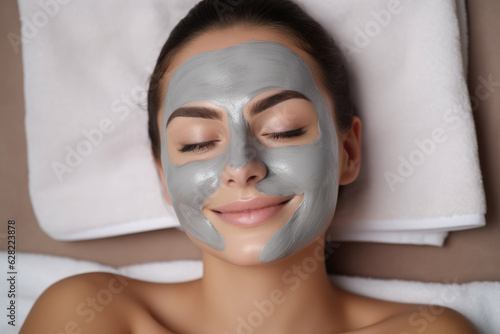 Young beautiful lady doing facial mask, relaxing
