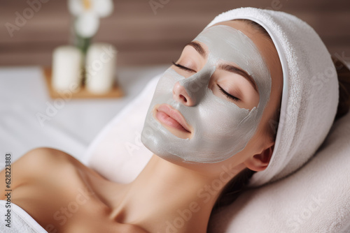 Young beautiful lady doing facial mask, relaxing